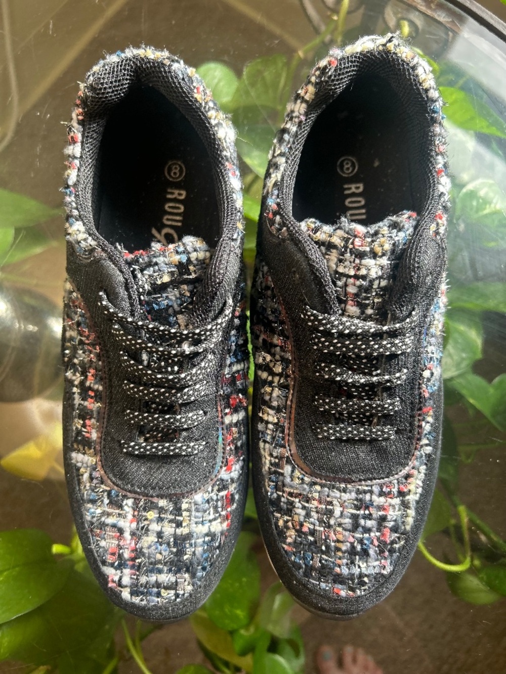 Rouge Tweed Patchwork Lace Up Sneakers Women’s Low Top Black Multicolor Sneaker